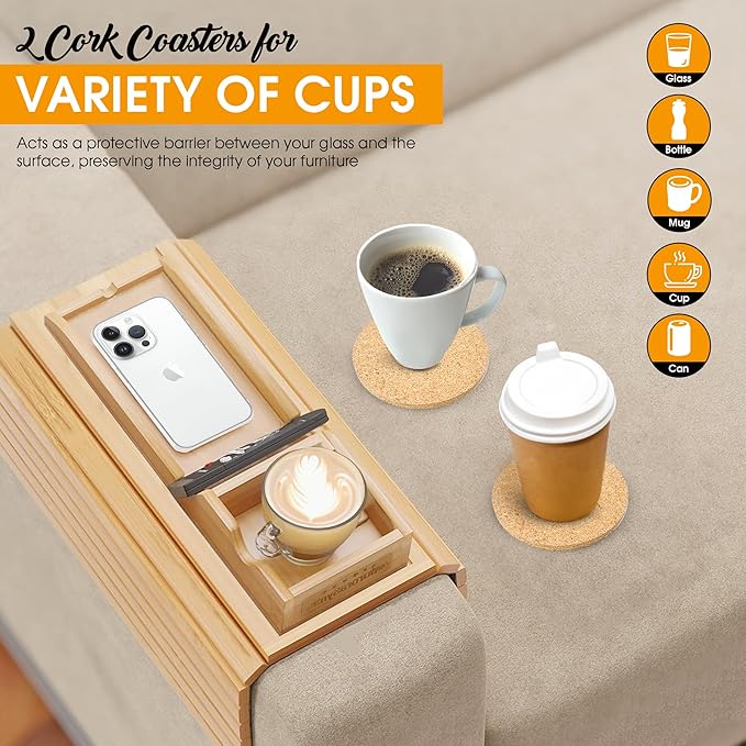 Bamboo Couch Cup Holder Tray with 2 Cork Coasters, Couch Arm Tray, 2 in 1 Anti-Slip Foldable Sofa Arm Tray, Couch Armrest Table, Anti-Spill Couch Arm Table for Drinks TV Remote Cellphone Snacks