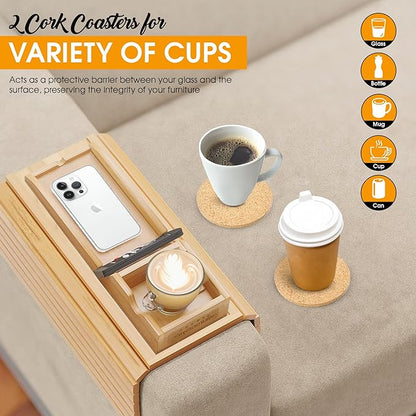 Bamboo Couch Cup Holder Tray with 2 Cork Coasters, Couch Arm Tray, 2 in 1 Anti-Slip Foldable Sofa Arm Tray, Couch Armrest Table, Anti-Spill Couch Arm Table for Drinks TV Remote Cellphone Snacks