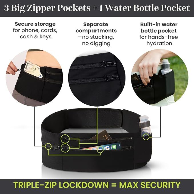 StashBandz Adjustable Running Belt - 3 Zippered Pockets + Water Bottle Holder, No-Bounce Travel Money Belt, Sports Fanny Pack, Waist Pack with Key Clip, Fits Any Size Phone, Passport & More