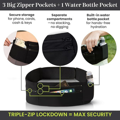 StashBandz Adjustable Running Belt - 3 Zippered Pockets + Water Bottle Holder, No-Bounce Travel Money Belt, Sports Fanny Pack, Waist Pack with Key Clip, Fits Any Size Phone, Passport & More
