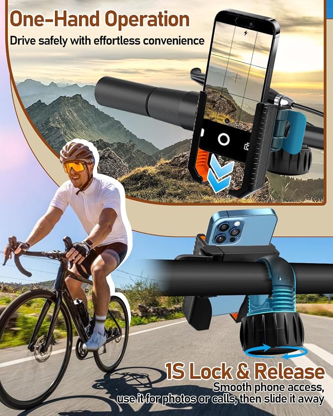 Bike Phone Holder, Bicycle Phone Mount Handlebar Motorcycle Phone Mount 3S Quick Install Bicycle Scooter Phone Clip, for iPhone 16 Pro Max, 15 14 13, Galaxy S25 Ultra, 4.5-7" Phones