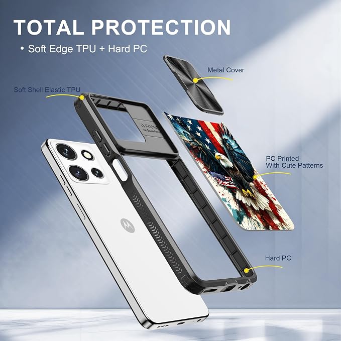 for Motorola Moto G 5G 2025 Case with Spread Wings American Eagle, Metal Slide Camera Cover, Screen Protector, Anti-Peeping Privacy Safeguard, Camera Lens Protector Phone Case for Moto G 5G 2025