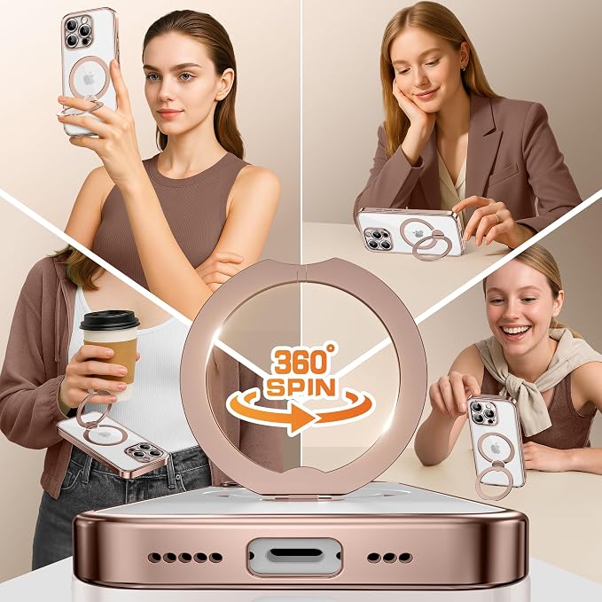 Desert Titanium for iPhone 15 Pro Max Case With 360° Spin Magnetic Stand,[Compatible With Magsafe] [Military Protection][Built-in Ring Holder]Shockproof Phone Case for 15 Pro Max,Rose Gold/Clear