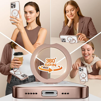 Desert Titanium for iPhone 16 Pro Max Case With 360° Spin Magnetic Stand,[Compatible With Magsafe] [Military Protection][Built-in Ring Holder]Camera Control Phone Case for 16 Pro Max,Rose Gold/Clear