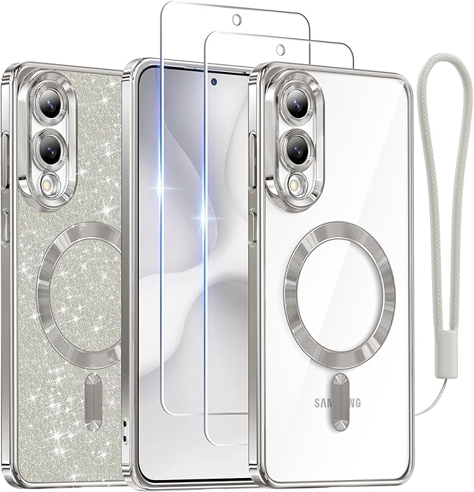 Meifigno Designed for Samsung Galaxy S25 Edge Case, [Compatible with MagSafe] [2X Screen Protectors] [Glitter Card & Wrist Strap] Surround Raised Lens Protection Slim Case for S25 Edge 6.7", Silver