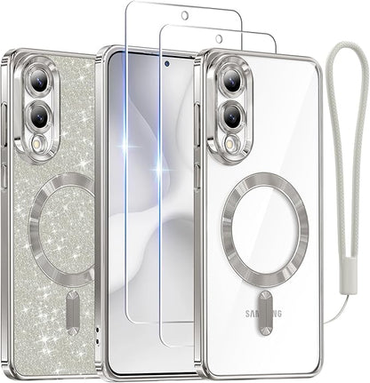 Meifigno Designed for Samsung Galaxy S25 Edge Case, [Compatible with MagSafe] [2X Screen Protectors] [Glitter Card & Wrist Strap] Surround Raised Lens Protection Slim Case for S25 Edge 6.7", Silver