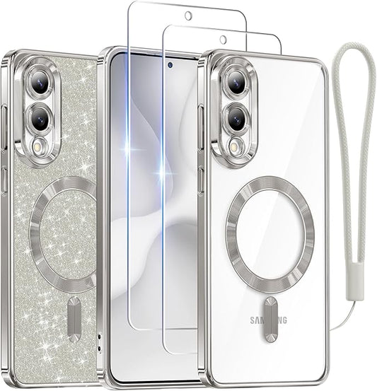 Meifigno Designed for Samsung Galaxy S25 Edge Case, [Compatible with MagSafe] [2X Screen Protectors] [Glitter Card & Wrist Strap] Surround Raised Lens Protection Slim Case for S25 Edge 6.7", Silver