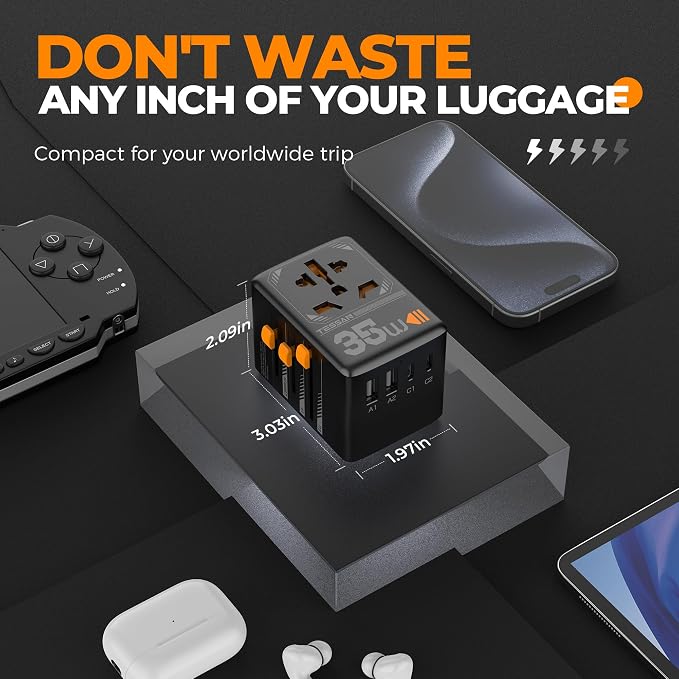 TESSAN Universal Travel Adapter, 35W International Plug Adaptor | 3 USB C and 2 USB A Charging Ports, Worldwide Power Outlet, US to European EU UK AUS Ireland, Type C/G/A/I