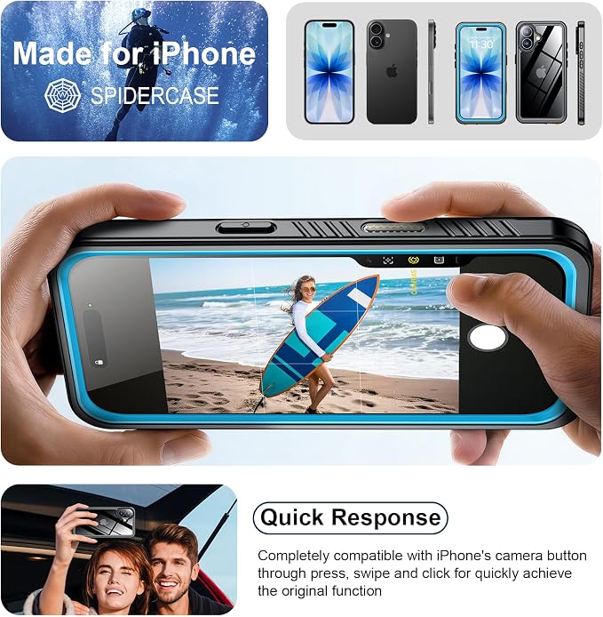 SPIDERCASE for iPhone 17 Case Waterproof, Built-in Lens & Screen Protector, Full Heavy Duty Protection, 12FT Military Shockproof, Dustproof, Anti-Scratched Phone Case,Blue/Clear