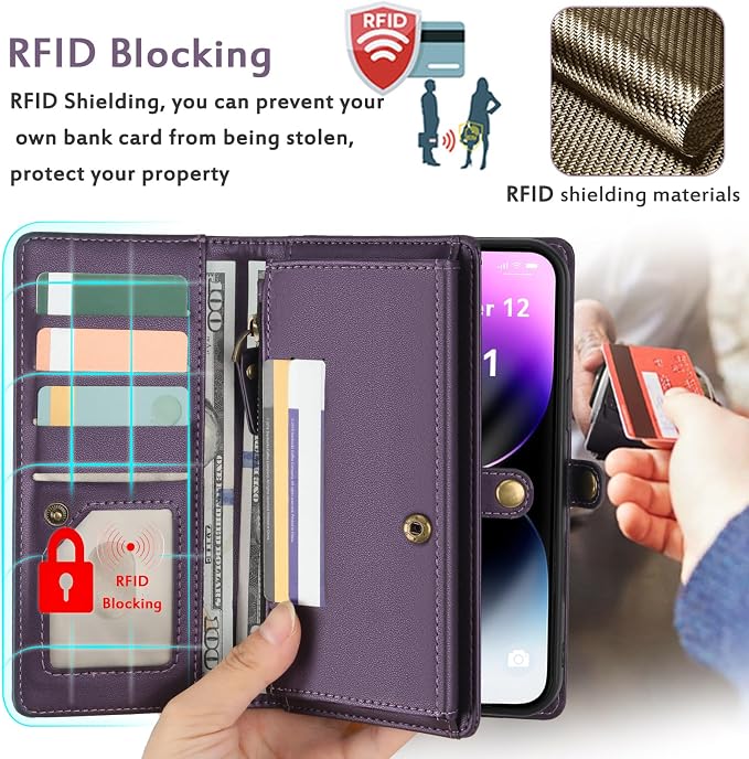 for Wallet Case Compatible with iPhone 14 Pro Max,Multi-Function Detachable 2 in 1 Magnetic iPhone 14 Pro Max Case Wallet,Flip Strap Zipper Card Holder Phone Case with Shoulder Straps (Pruple)