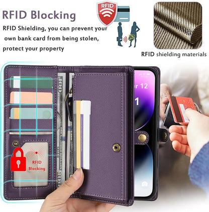 for Wallet Case Compatible with iPhone 14 Pro Max,Multi-Function Detachable 2 in 1 Magnetic iPhone 14 Pro Max Case Wallet,Flip Strap Zipper Card Holder Phone Case with Shoulder Straps (Pruple)