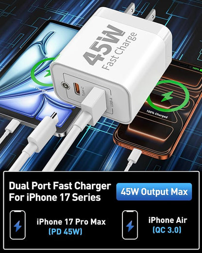 45W USB C Fast Charger for Google Pixel 10/10 Pro XL/Fold/10a/9/9 Pro XL/9a/8/8a/7/6/5/4 XL, 3-Pack 45W Dual Port Type C Wall Charger Super Fast Charging Block Power Adapter with 6FT USB-C Cable Cord