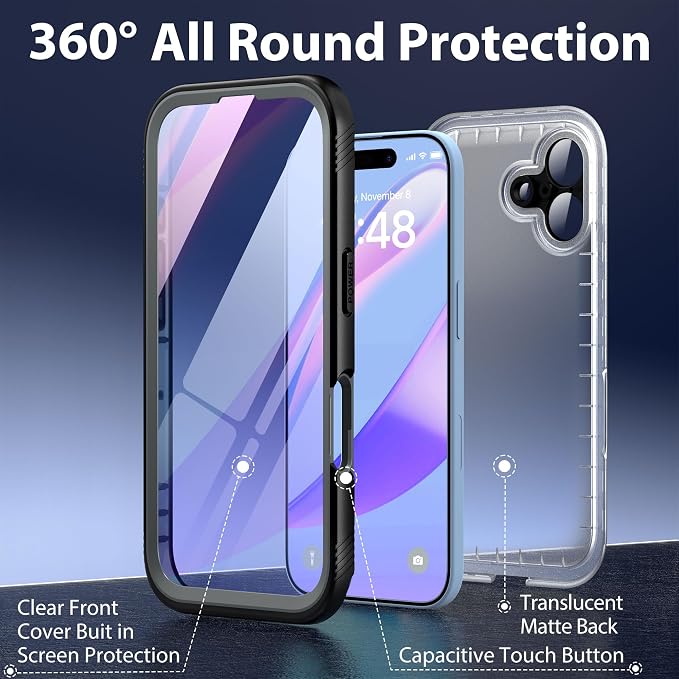 SPORTLINK for iPhone 16 Plus Waterproof Phone Case with Screen Protector IP68 Underwater 6.6FT Military Dropproof/Dustproof/Heavy Duty Full Body Case for iPhone 16 Plus 6.7 inch Black/Frosted Clear