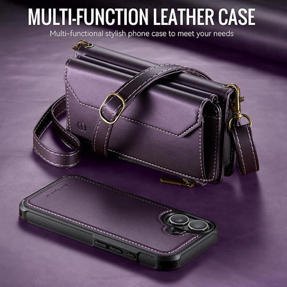 Strapurs for iPhone 16 Plus Detachable Wallet Case Compatible with Magsafe, RFID Blocking 9-Card Holder Zipper Wrist Strap Lanyard PU Leather Magnetic Phone Case for iPhone 16 Plus 6.7", Purple