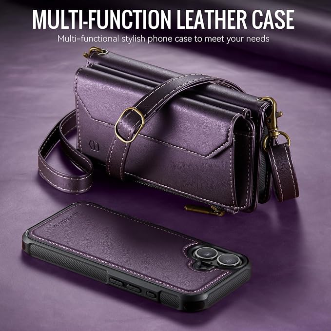 Strapurs for iPhone 17 Detachable Wallet Case Compatible with Magsafe for Women, RFID Blocking 9-Card Holder Zipper Wrist Strap Lanyard PU Leather Magnetic Phone Case for iPhone 17 6.3", Purple