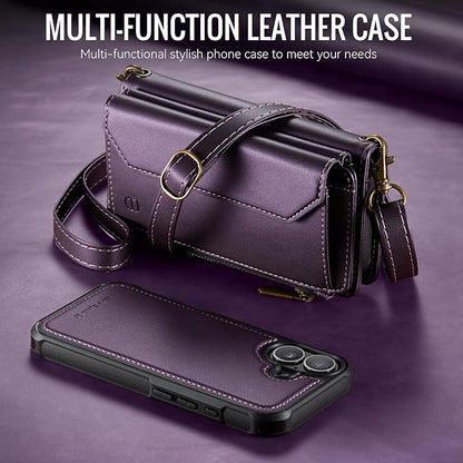 Strapurs for iPhone 16 Detachable Wallet Case Compatible with Magsafe for Women, RFID Blocking 9-Card Holder Zipper Wrist Strap Lanyard PU Leather Magnetic Phone Case for iPhone 16 6.1", Purple