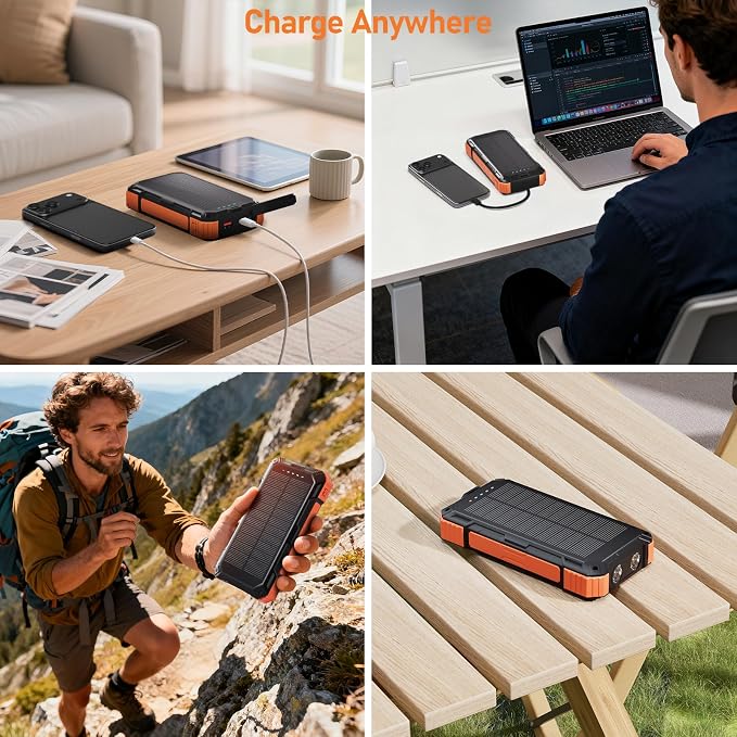 ERRBBIC Solar Charger Power Bank 49800mAh, 22.5W Portable Charger, 15W Wireless Charging, Solar Panel Charger, Built-in Four Cable, with USB C for Cell Phones, with Dual Flashlight for Camping