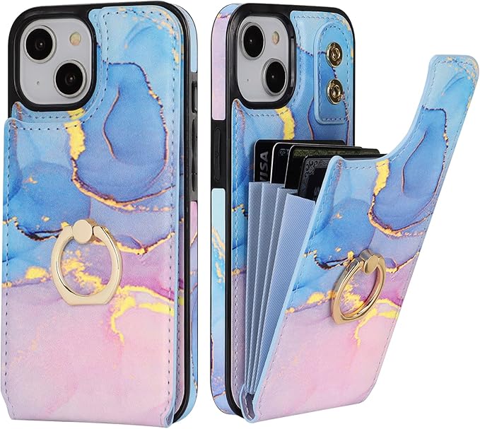 HAOPINSH for iPhone 13/ iPhone 14 Wallet Case with Card Holder, 360°Rotation Ring Kickstand, Pink Blue Marble Pattern, RFID Blocking Leather for Girls Women, Double Buttons Protective Cover 6.1"