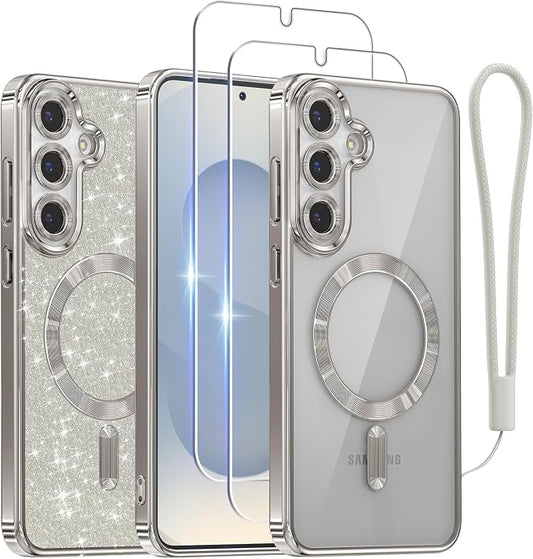 Meifigno Designed for Samsung Galaxy S25 Plus Case, [Compatible with MagSafe] [2X HD Screen Protectors] [Glitter Card & Wrist Strap] Surround Raised Lens Protection Case for S25 Plus 6.7", Silver