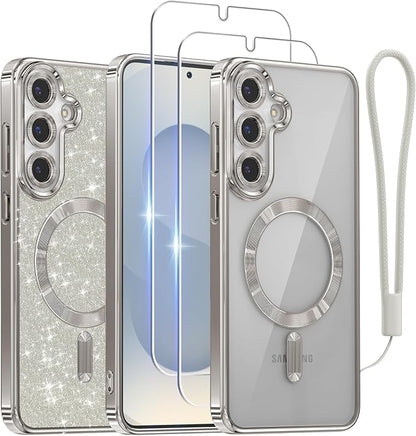 Meifigno Case Designed for Samsung Galaxy S25 6.2 inch, [Compatible with MagSafe] [2X HD Screen Protectors] [Glitter Card & Wrist Strap] Surround Lens Protection Case for Samsung Galaxy S25, Sliver