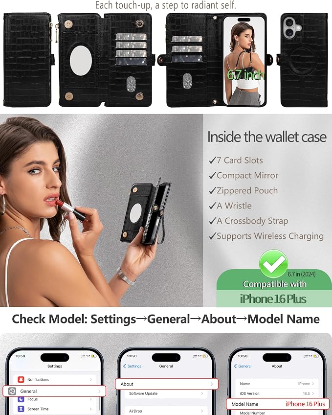 Crossbody Wallet Case for iPhone 16 Plus with Mirror, Wrist Strap, Zipper Purse Magnetic Flip RFID Blocking Card Holder, Wireless Charging, PU Leather Shockproof 6.7" Women (Black)