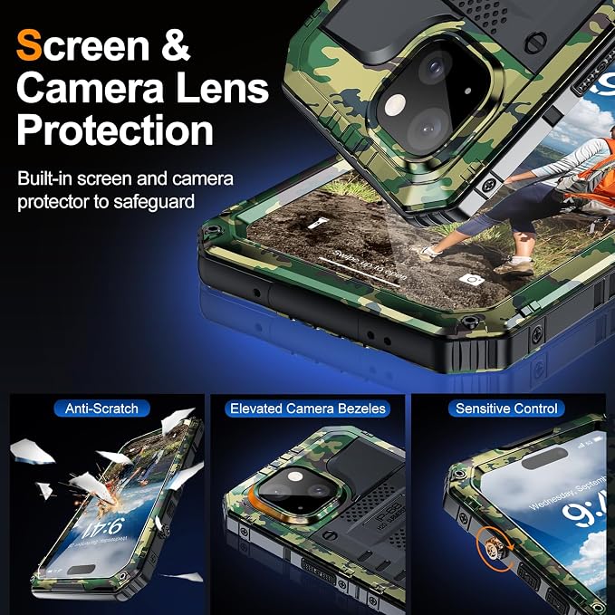 Mitywah Waterproof Case for iPhone 15, Heavy Duty Shockproof Case with Built-in Screen Protector, Full Body Underwater Protective Metal Case 6.1 inch, Camouflage