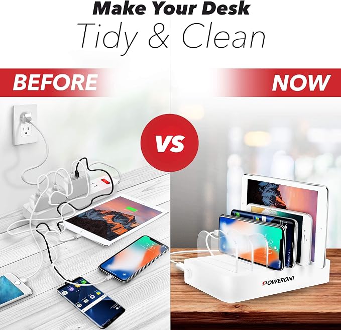 USB Charging Dock - 6-Port Universal Charging Station for Multiple Devices - Multi Device Charger Station - Compatible with Apple, iPad, iPhone, and Android Cell Phones and Tablets