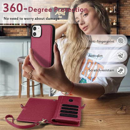 for Wallet Case Compatible with iPhone 11,Multi-Function Detachable 2 in 1 Magnetic iPhone 11 Case Wallet,Flip Strap Zipper Card Holder Phone Case with Shoulder Straps (Red)