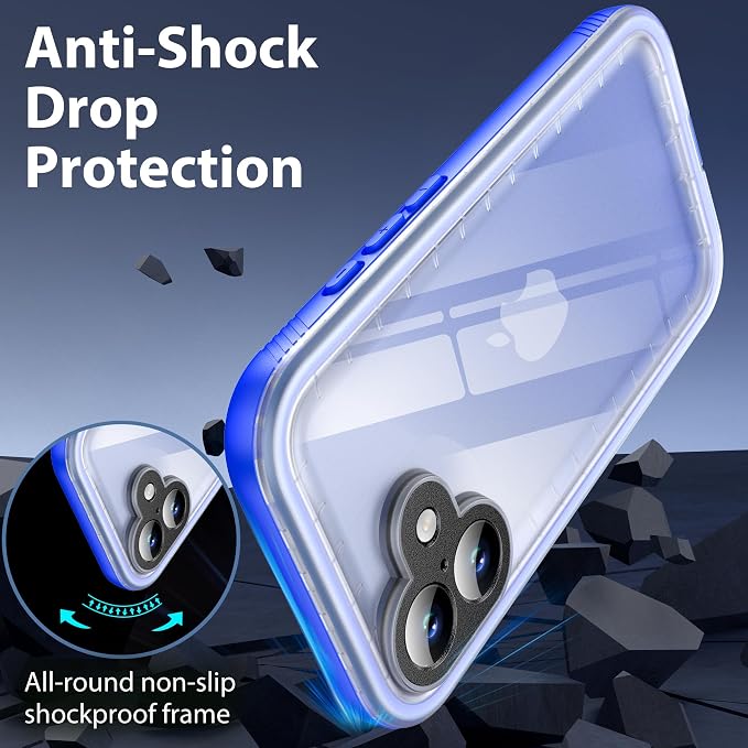 SPORTLINK for iPhone 16 Waterproof Phone Case - Built in Screen & Camera Lens Protector,6.6FT Military Dropproof/Shockproof/Dustproof/IP68 Underwater for iPhone 16 6.1 inch Blue/Frosted Clear