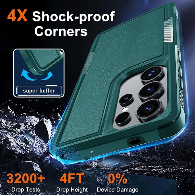 RMOCR Case for Samsung Galaxy S25 Ultra, Full Body Heavy Duty Rugged Shockproof Protective Phone Cover with Lanyard Strap, Tempered Glass Screen Protector and Camera Lens Cover, Dark Green