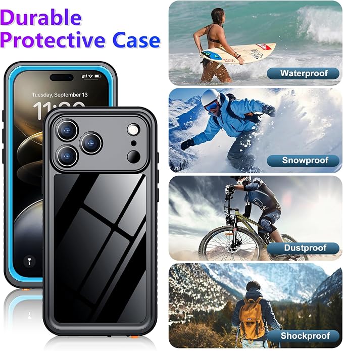 Temdan Compatible with iPhone 17 Pro Max Case,Waterproof Built-in Screen & Camera Protector IP68 Underwater Full Body 17FT Military Dropproof Shockproof Phone Case 6.9"-Blue/Clear