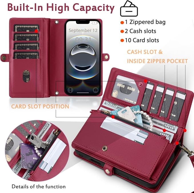 for Wallet Case Compatible with iPhone 16e /17e,Multi-Function Detachable 2 in 1 Magnetic iPhone 16e/17e Case Wallet,Flip Strap Zipper Card Holder Phone Case with Shoulder Straps (Red)