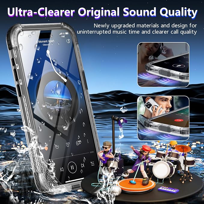 2024 Upgrade for iPhone 15 Pro Max Case Waterproof,[Compatible With MagSafe][Built-in Screen&Camera Protector][Full Body Dropproof][IP68 Underwater][Clear Sound]Shockproof Phone Case 6.7" Black/Clear