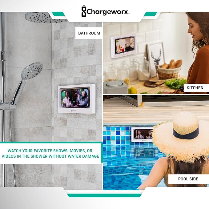 CHARGEWORX Waterproof Shower Phone Holder Wall Mount, Anti-Fog Touchscreen Phone Case for Bathroom, Universal Smartphone Holder up to 7”, Hands-Free Cell Phone Stand, White