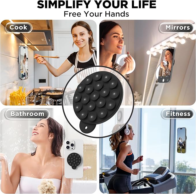 Magnetic Suction Cup Phone Mount with MagSafe, Silicone Hands-Free Grip Holder for iPhone Case and Android, Mirror Shower Phone Stand for Makeup FaceTime Gym Kitchen Bathroom, Black