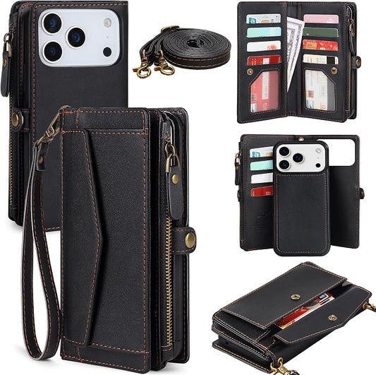 Compatible with iPhone 17 Pro 6.3" Wallet Case with RFID Blocking Card Holder for Women, PU Leather Flip Zipper Wallet Detachable Magnetic Phone Case Crossbody Strap, Black