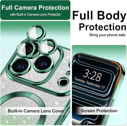 Hython for iPhone 17 Pro Max Case Glitter Clear Magnetic Phone Cases [Compatible with MagSafe] Full Camera Lens Protector Sparkle Luxury Plating Slim Shockproof Protective Cover Women, Gradient Green