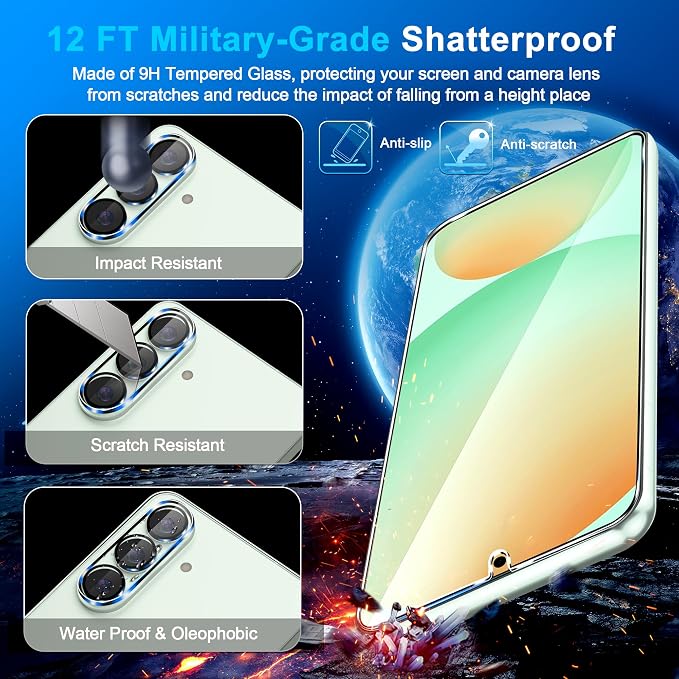 3 Pack for Samsung Galaxy S24 FE Screen Protector Tempered Glass + 3 Pack Camera Lens Protector, Military Grade Shatterproof, 9H Hardness, Fingerprint Unlock, Case Friendly 6.7 Inch