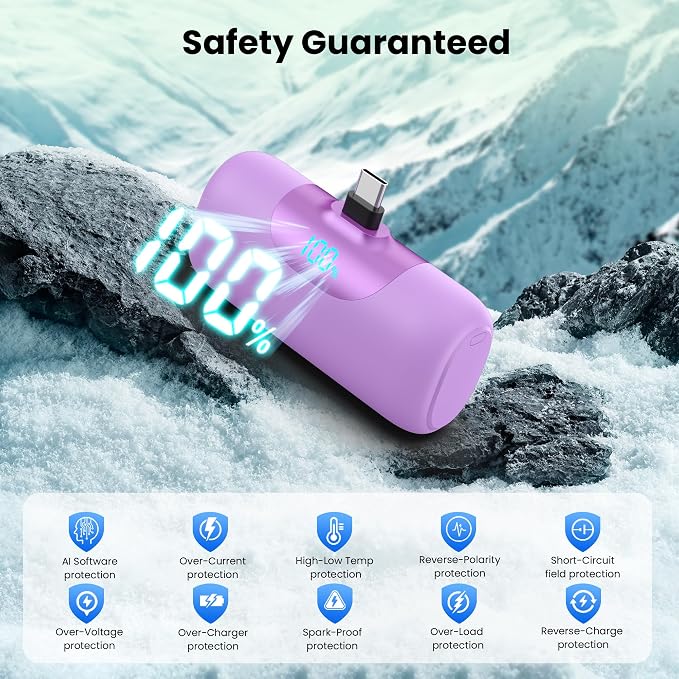 [2-Pack] 5500mAh Portable Charger for iPhone 17/16, LCD Display USB C Mini Power Bank,PDFast Charging Travel Lipstick Sized Battery Pack for iPhone 17/16/15 Pro Max, Galaxy S25/S24, Pixel(Pink+Purple)