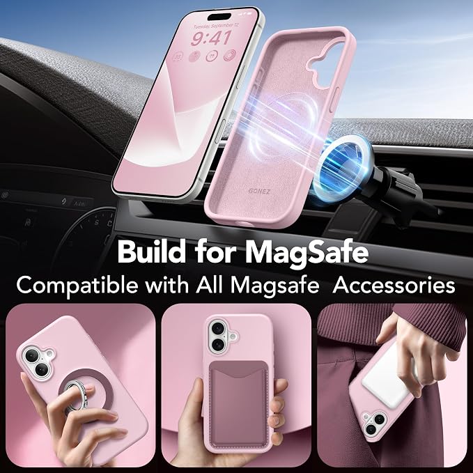 GONEZ Magnetic for iPhone 17 Case, Compatible with MagSafe, [Screen Protector + Camera Lens Protector], Liquid Silicone Anti-Scratch Shockproof Protective Phone Case 6.3 inch, Pastel Pink