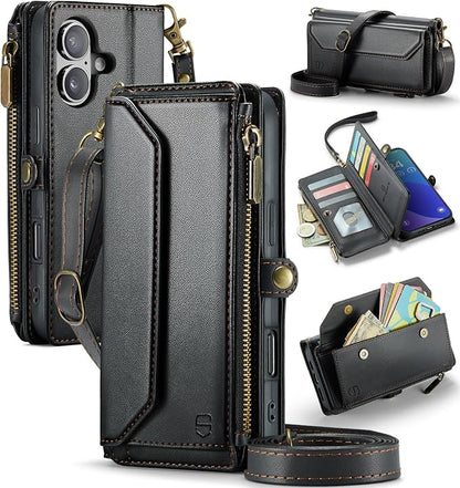 Strapurs Wallet Case Compatible with iPhone 16 Plus 6.7" RFID Blocking 10-Card Holder Soft PU Leather Magnetic Snap Shoulder Strap Zipper Pocket Phone Case Fit for iPhone 16 Plus - Black