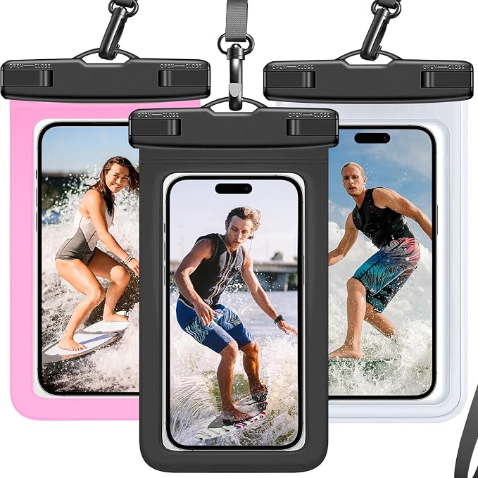 Waterproof Phone Pouch IP68 Floating Waterproof Phone Case, Dry Bag Beach Cruise Essentials with Adjustable Lanyard for iPhone 16 Pro Max / 15 Pro/Galaxy S24 S23 (Black & Clear & Pink)