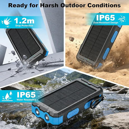 Solar Charger Power Bank 20000mAh Portable Charger with 4 Built-in Cables and USB-C in/Output, Dual Emergency Flashlights, Waterproof Outdoor Battery Pack for Camping, Hiking, Travel, and Storm Prep