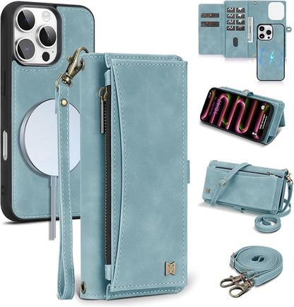 Wallet Case for iPhone 16 Pro with Card Holder/Crossbody Wallet/Strap| RFID Blocking | Magnetic | Kickstand | Detachable | PU Leather Phone Case for iPhone 16 Pro,6.3 in,Blue