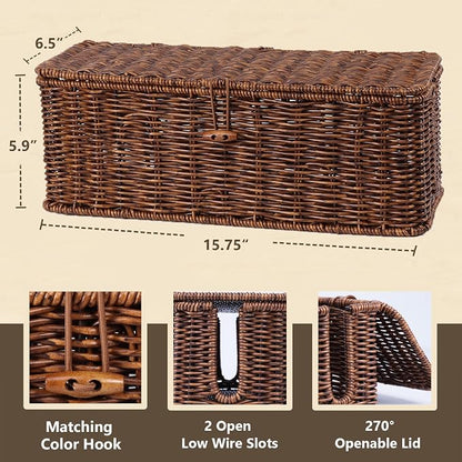 BROWNLILY Cable Management Box, Rattan Style Cord Organizer for Desk Cord Hider Outlet Covers for Power Strip TV PC Router Charger Under Desk Storage with Lockable Lid and Cable Ties
