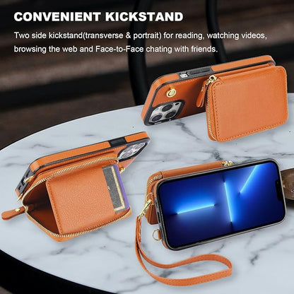 Bocasal for MagSafe Crossbody Wallet Case Compatible with iPhone 13 Pro Max, RFID Blocking Protective Purse Case with Card Slots Holder Kickstand Wrist Strap Lanyard Zipper 6.7 Inch 5G (Brown)