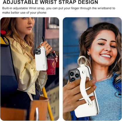 Folosu for iPhone 16 Pro Max Wallet Case with Card Holder, Hand Wrist Strap Loop Holder Kickstand, RFID Blocking Finger Grip Ring PU Leather Double Buttons Shockproof Cover 6.9" White