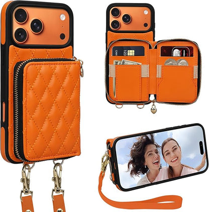 Keallce for iPhone 17 Pro Max 6.9'' Wallet Case, Crossbody Zipper Purse with Wristlet for Women, RFID Blocking Card Holders, Flip Leather Case for iPhone 17 Pro Max, Orange
