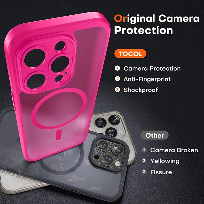TOCOL for Phone 14 Pro Case, Compatible with Magsafe Charger, Full Camera Protection, Drop Protection, Translucent Matte Phone Case for iPhone 14 Pro 6.1 inch (Hot Pink)