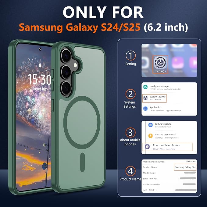 For Samsung Galaxy S24 Case & Galaxy S25 Case [Compatible with Magsafe] Translucent Matte Magnetic Phone Case,Slim Thin Duty Shockproof Protection with 2pc HD Screen Protector for S24/S25-Dark green